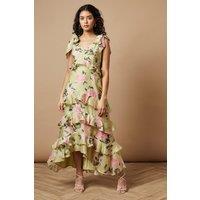 Oasis Women's Petite Floral Printed Tiered Ruffle Tie Shoulder Midi Dress in Sage | Size: 10