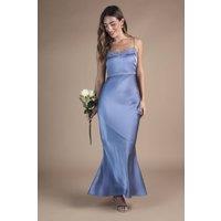 Oasis Women's By Coast Lace Trim Strappy Satin Maxi Bridesmaid Dress in Blue | Size: 10