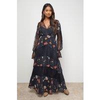 Oasis Women's Printed Lace Panel Detail V Neck Midaxi Dress | Size: 10