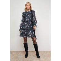 Oasis Women's Printed Lace Trim Pleat Detail Mini Dress in Black | Size: 16