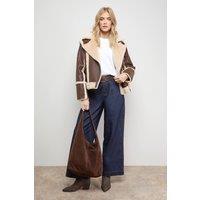 Oasis Women's Shearling PU Aviator Jacket in Chocolate | Size: 10