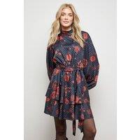 Oasis Women's High Neck Printed Long Sleeve Mini Dress With Belt in Floral | Size: 14