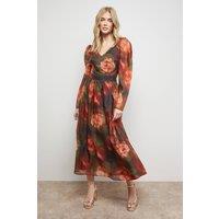 Oasis Women's V Neck Open Back Long Sleeve Midi Dress in Floral | Size: 16