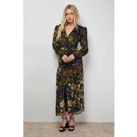 Oasis Women's Floral Shoulder Pad Long Sleeve Midi Dress in Gold | Size: 10