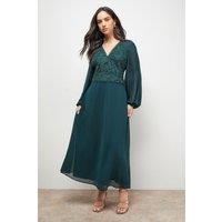 Oasis Women's Lace Front Balloon Sleeve Midi Dress in Green | Size: 14