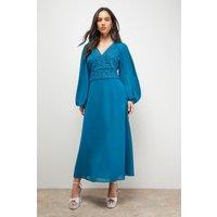 Oasis Women's Lace Front Balloon Sleeve Midi Dress in Teal | Size: 10