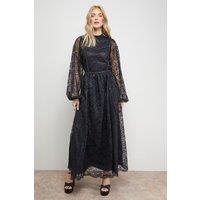 Oasis Women's Lace Trim Long Sleeve Scallop Edge Boho Maxi Dress in True Black | Size: 14