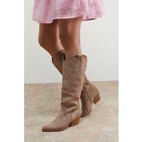 Oasis Women's Maggie Faux Suede Embroidered Knee High Western Boots in Taupe | Size: 3