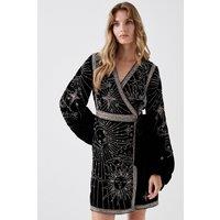 Coast Women's Party Sequin Velvet Wrap Mini Dress in Black | Size: 10