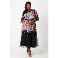 Coast Women's Plus Hand Embellished Mesh Midi Dress With Short Sleeve in Black | Size: 20