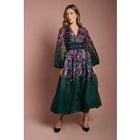 Coast Women's Organza Floral Placement Lace Trim Midaxi Dress in Forest | Size: 12