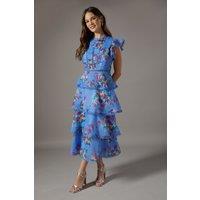 Coast Women's Lace Trim Tiered Organza Midi Dress in Blue | Size: 16