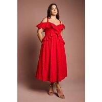 Coast Women's Plus Strappy Cold Shoulder Broderie Frill Midi Dress in Red | Size: 18