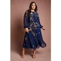 Coast Women's Plus Size Long Sleeve Floral Embellished Sequin Midi Dress in Navy | Size: 20