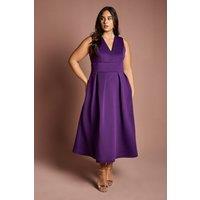 Coast Women's Plus Plunge Neck Full Skirted Midi Dress In Scuba in Purple | Size: 26