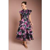 Coast Women's Lace Trim Tiered Organza Midi Dress in Navy | Size: 12