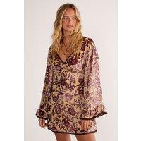NastyGal Women's Vintage Floral Devore Lace Trim Ruffle Sleeve Mini Dress in Beige | Size: 6