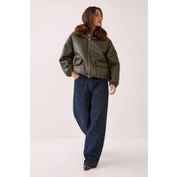 NastyGal Women's PU Oversized Faux Fur Collar Bomber Jacket in Khaki | Size: 6