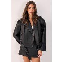 NastyGal Women's Textured Belted Cropped Faux Leather Biker Jacket in Black | Size: 4