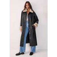 NastyGal Women's Fur Trim Faux Leather Longline Coat in Black | Size: XS/S
