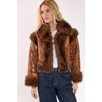 NastyGal Women's Snake Animal Vinyl Faux Leather Fur Trim Jacket in Brown | Size: XS/S