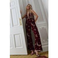 NastyGal Women's Velvet Celestial Halter Neck Jumpsuit in Wine | Size: 12