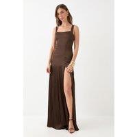 MissPap Women's Premium Satin Square Pleated Skirt Bridesmaid Dress in Chocolate | Size: 12