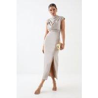 MissPap Women's Drape Neck Detail Midi Dress in Champagne | Size: 14