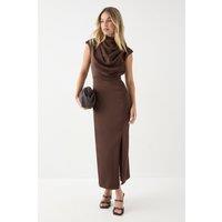 MissPap Women's Drape Neck Detail Midi Dress in Chocolate | Size: 10