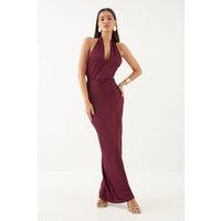 MissPap Women's Premium Satin Halterneck Cowl Back Bridesmaid Dress in Wine | Size: 16