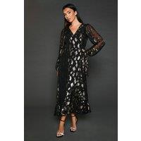 Dorothy Perkins Women's Jacquard Ruffle Wrap Long Sleeve Midi Dress in Black | Size: 8