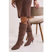 Dorothy Perkins Women's Khloe Faux Suede Kitten Heel Knee High Ruched Boots in Taupe | Size: 3