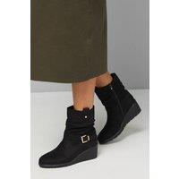 Good For the Sole Women's : Paloma Comfort Ruche Buckle Detail Medium Wedge Casual Ankle Boots in Natural Black | Size: 3