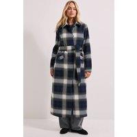 Dorothy Perkins Women's Check Detail Fur Cuff Detail Belted Coat in Navy | Size: 10