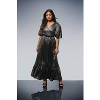 Dorothy Perkins Women's Petite DP Luxe Metallic Puff Sleeve Tiered Maxi Dress in Silver | Size: 8