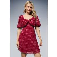 Dorothy Perkins Women's DP Luxe Bow Front Puff Sleeve Metallic Mini Dress in Red | Size: 12