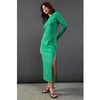 Warehouse Women's Jersey Jacquard Slash Neck Scoop Back Midi Dress in Olive | Size: 14