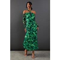 Warehouse Women's Abstract Print Twist Mesh Midi Dress in Green | Size: 8