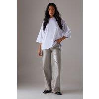 Warehouse Women's Foil Coated High Waist Wide Leg Jeans in Silver | Size: 8