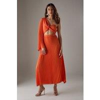 Warehouse Women's Chiffon Pleated One Shoulder Cut Out Midi Dress in Orange | Size: 12
