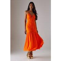 Warehouse Women's Chiffon Gathered Channel Strappy Midi Dress in Orange | Size: 14