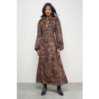 Warehouse Women's Burnout Velvet Frill Shoulder Tie Front Midi Dress in Animal | Size: 10