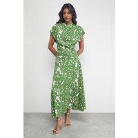 Warehouse Women's Chiffon Grown On Sleeve Drop Waist Midi Dress in Green | Size: 14