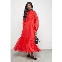Warehouse Women's Premium Crinkle Stripe Organza Frill Pleat Detail Midi Dress in Red | Size: 14