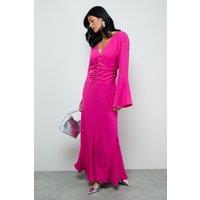 Warehouse Women's Premium Georgette Ruched Front Flutter Cuff Maxi Dress in Magenta | Size: 10