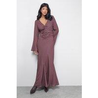 Warehouse Women's Premium Georgette Ruched Front Flutter Cuff Maxi Dress in Chocolate | Size: 10
