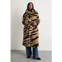 Warehouse Women's Tiger Print Faux Fur Coat in Zebra | Size: 12