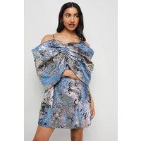 Warehouse Women's Metallic Jacquard Dramatic Sleeves Mini Dress in Blue | Size: 14