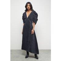 Warehouse Women's Denim Gathered Shoulder Seam Detail Midi Dress in Washed Black | Size: Medium
