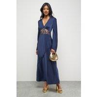 Warehouse Women's Satin Lace Insert Flute Sleeve Midi Dress in Navy | Size: 10